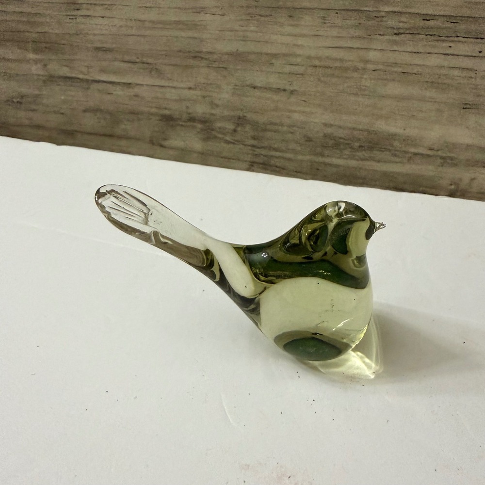 Vintage Hand Blown Glass Bird Figurine Olive Green Clear Paperweight Ornament